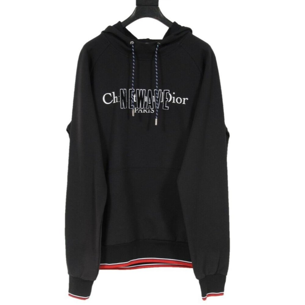 Dior Black Hooded Sweatshirt with White Logo and Red Trim
